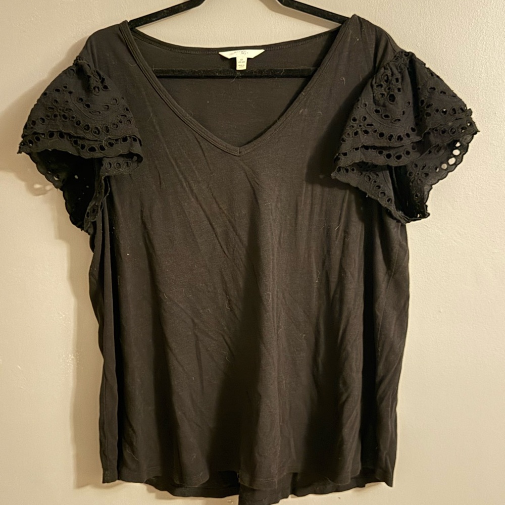 Terra & Sky Black Eyelet Sleeve Blouse